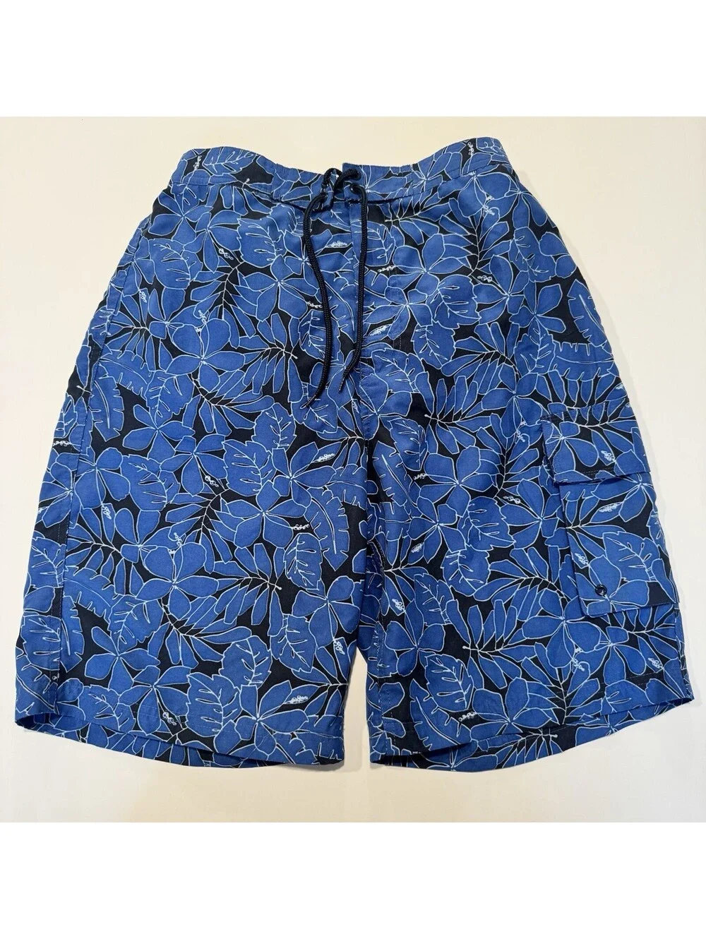 Covington Men’s Swim Trunks Blue Tropical Floral Board Shorts Drawstring Size L